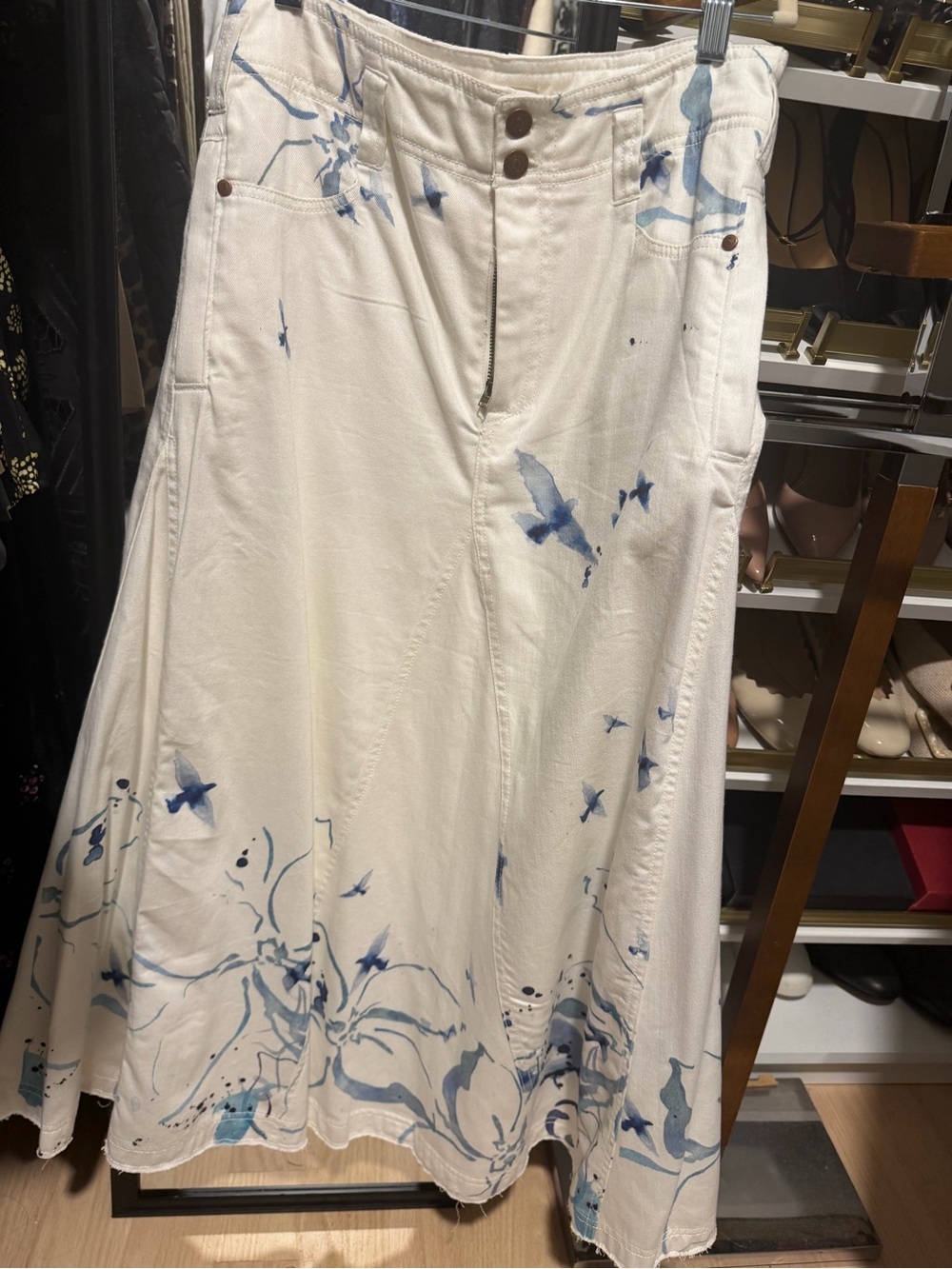 Pilcro by Anthropologie Cream A-Line Skirt with Blue Bird & Floral Print